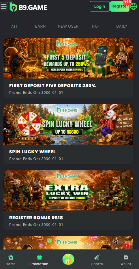 b9 app home lobby with slot categories and hot games
