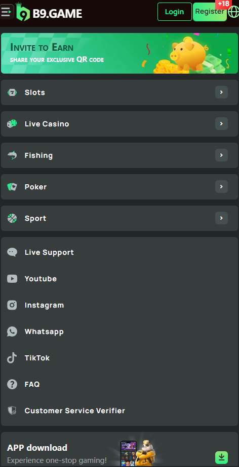 b9 app wallet screen with deposit and withdrawal options